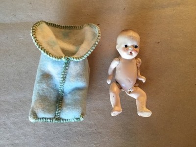 VINTAGE 4  BISQUE JOINTED KEWPIE BABY DOLL  MADE IN JAPAN SWADDLING PORCELAIN