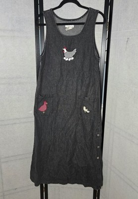 Vintage Mandal Bay Womens Medium Chicken Hen Black Denim Jumper Dress Pockets