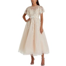 Mac Duggal 20362 Champagne Evening Gown Sequined Tulle A-Line Midi Dress Size 14