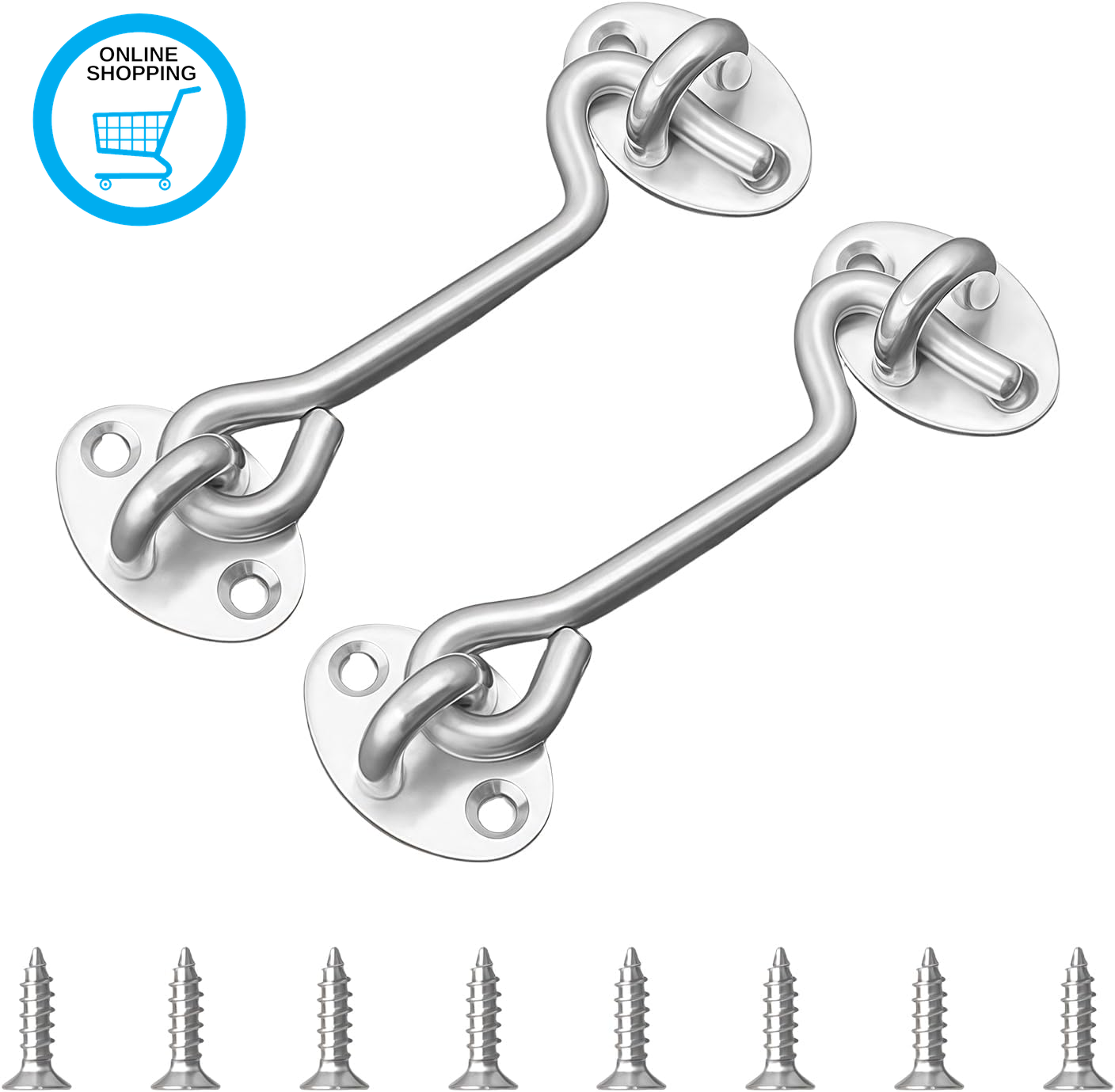 2PCS 3 Inch Hook and Eye Latch, 75Mm Silver Gate Hooks Stainless Steel Cabin Hoo