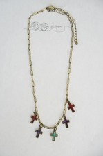 Brushed Gold Paperclip Chain 16" Necklace with Resin Filled Metal Cross Charms