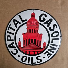 Vintage Capital Red Building Old Us Gasoline Oil Gas Pump Enamel Porcelain Sign Vintage Capital Red Building Old Us Gasoline Oil Gas Pump Enamel Porcelain Sign