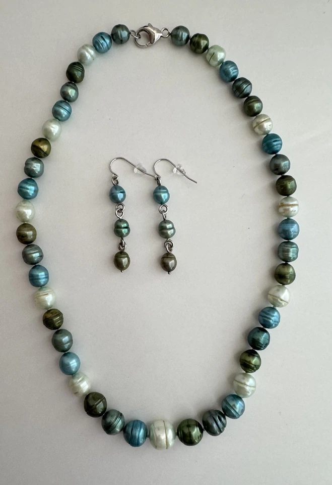 Honora 925 Sterling Silver Pearl 18” Necklace AND Dangle Earrings Set Blue Green - Image 2 of 4