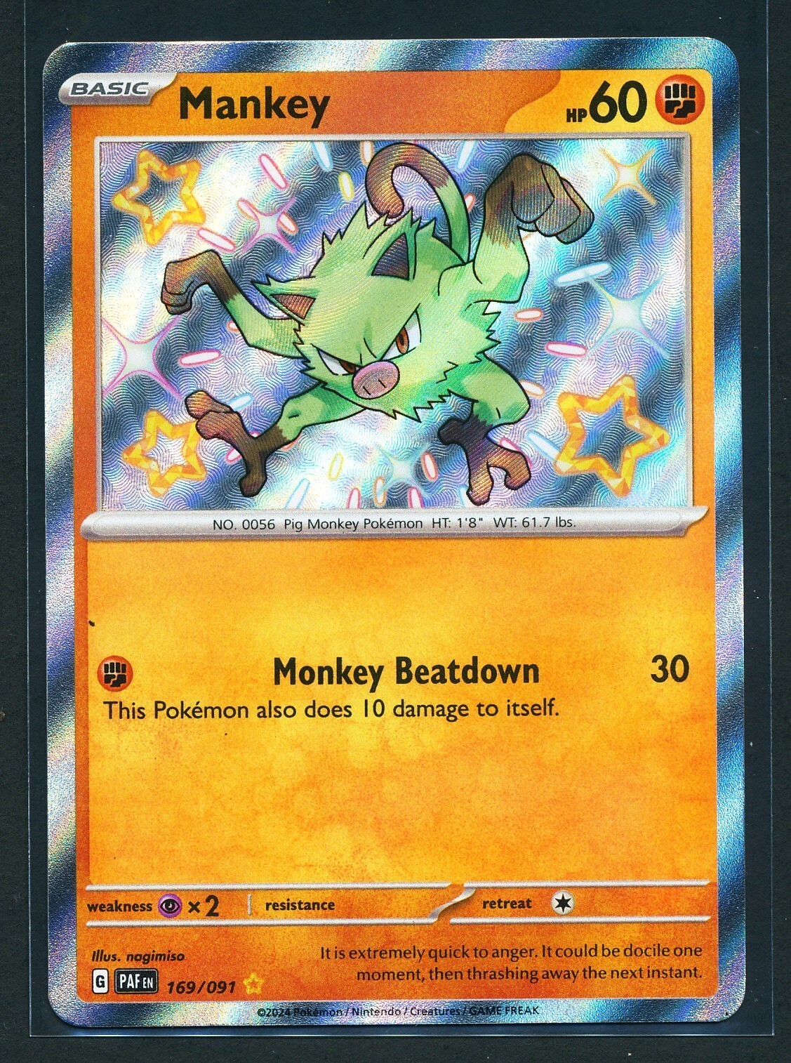 Mankey 169/091 Shiny Vault Holo Rare Pokémon 2024 Paldean Fates NM