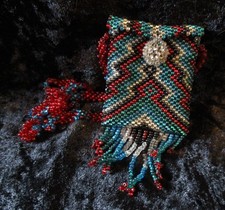 Handbeaded Multicolor Southwest Native American Bead Medicine Bag w/Bead Fringe