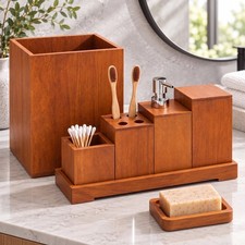 7 Pcs Teak Bathroom Set, with Trash Can Soap Dispenser, Toothbrush Holder, So...