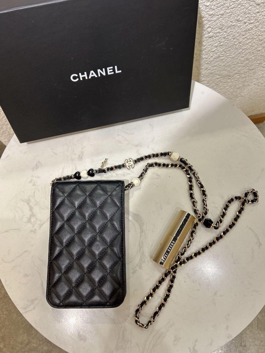 Chanel 23P Phone Holder Bag Lambskin Quilted Chain Crossbody Black