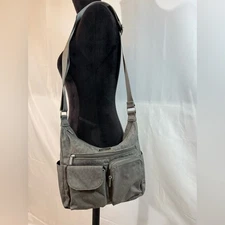 Baggallini Gray Leopard Print Crossbody Travel Organizer Bag Lightweight Nylon