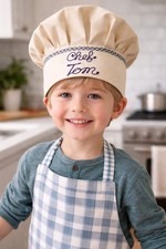 Kids Personalised Chef Hat Chef Tom Embroidered Toque Beige Gingham Boy pristine