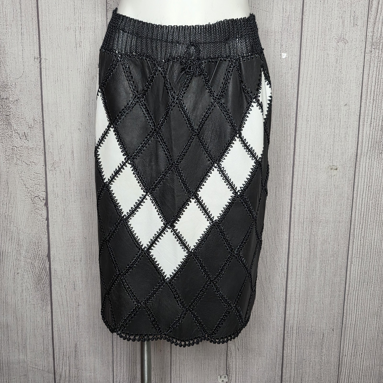 Vintage Leather Argyle Patchwork Batwing Top & Mi… - image 8