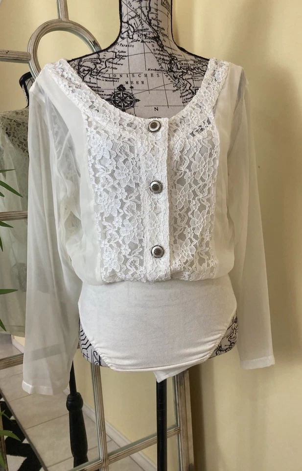Vintage U.NIK Bodysuit Camisole Top Lace Button Detail Semi-sheer Ivory 10-12