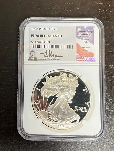 Rare 1998-P American Silver Eagle NGC PF70 Ultra Cameo Signed Thomas Uram Label