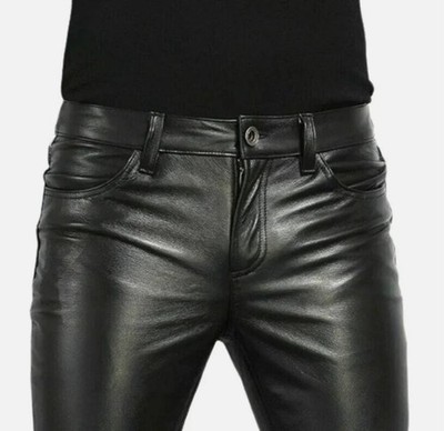 Men's Tight Leather Pants 80s Punk Rock Skinny Motorcycle Gothic Biker Trouser