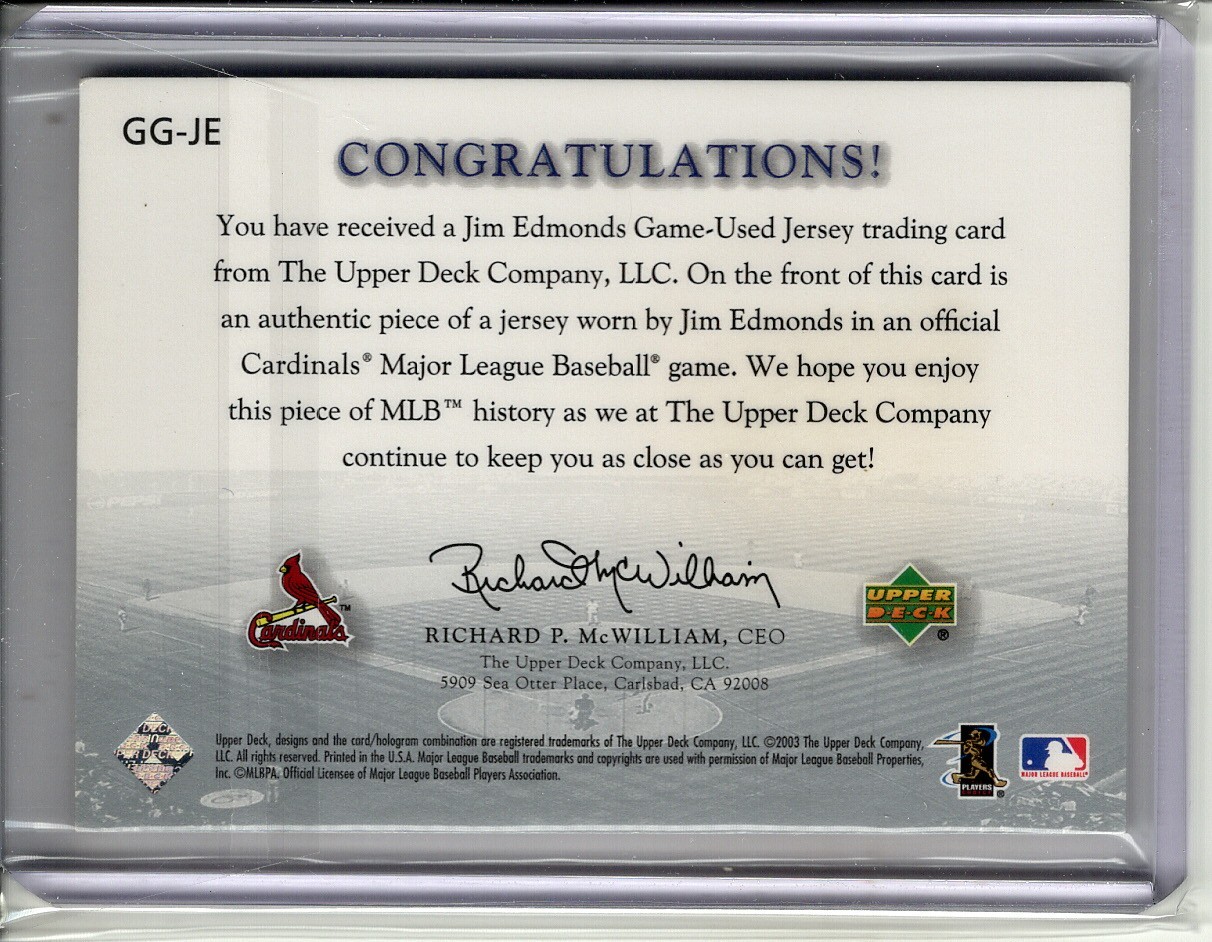 2003 UPPER DECK GAME FACE JIM EDMONDS 2X-GAME-WORN JERSEY RELIC #GGJE view 2