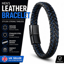 Mens Genuine Leather Braided Bracelet Stainless Steel Clasp Black Bangle UK
