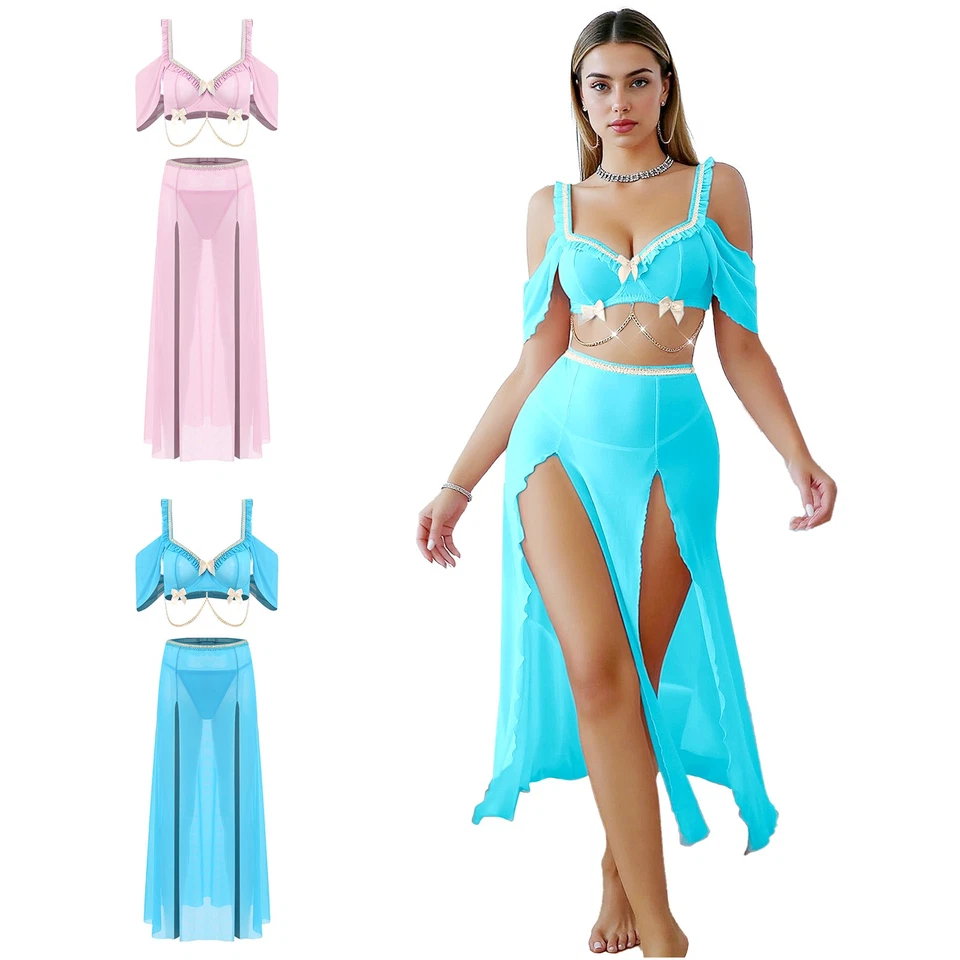 Womens 4 Pcs Belly Dance Set Crop Tops with High Slit Maxi Skirts + Thong+ Chain - Image 2 of 3