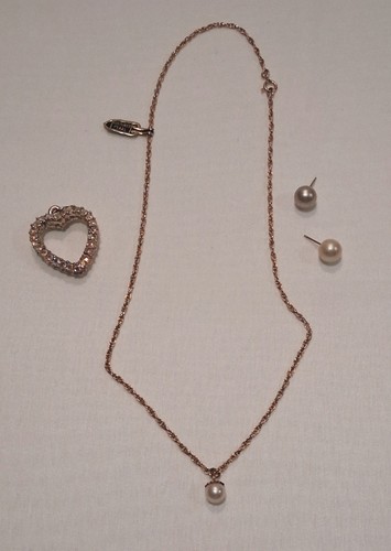 Cultured White Round Pearl Gold Tone Necklace & Heart Pendant, Stud Earrings Set