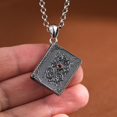 S925 Silver BOOK LOCKET Pendant ORNATE CROSS Red Gem Gothic Secret Prayer Book