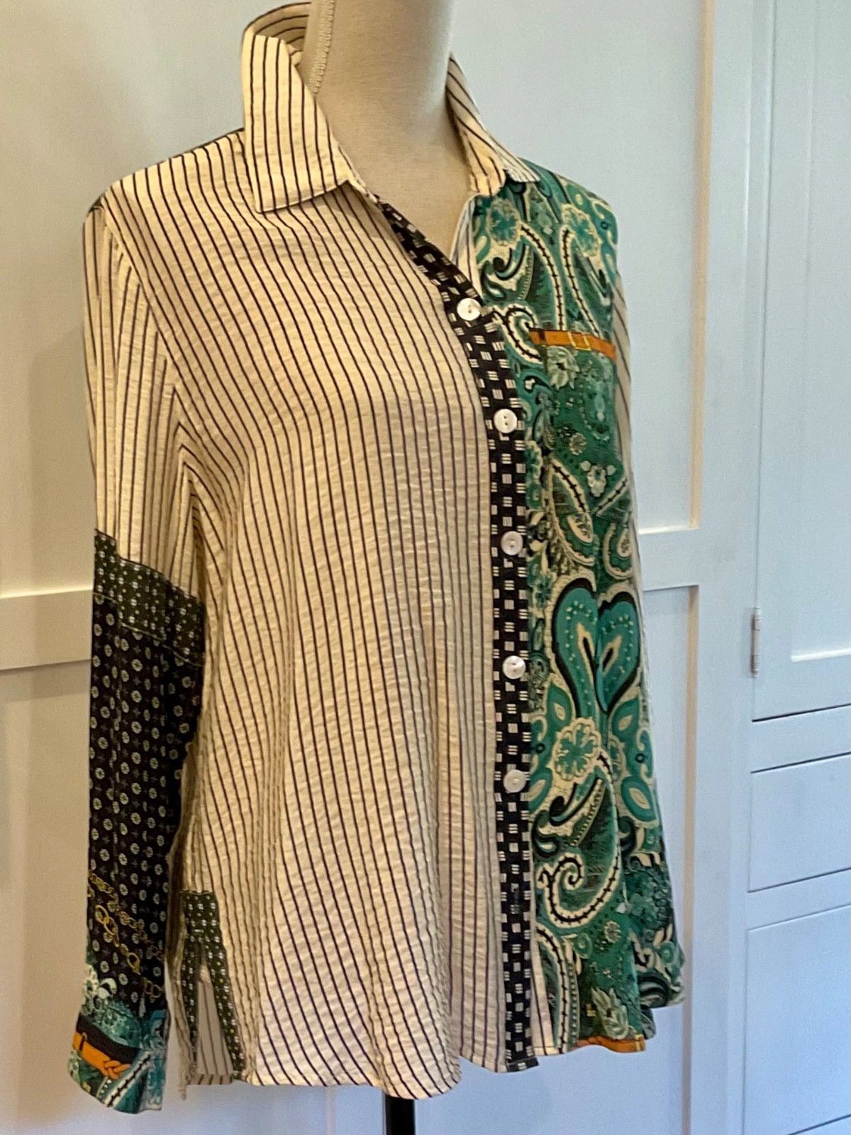 John Mark Multi Patch Pinstriped Blouse Boho Wome… - image 5