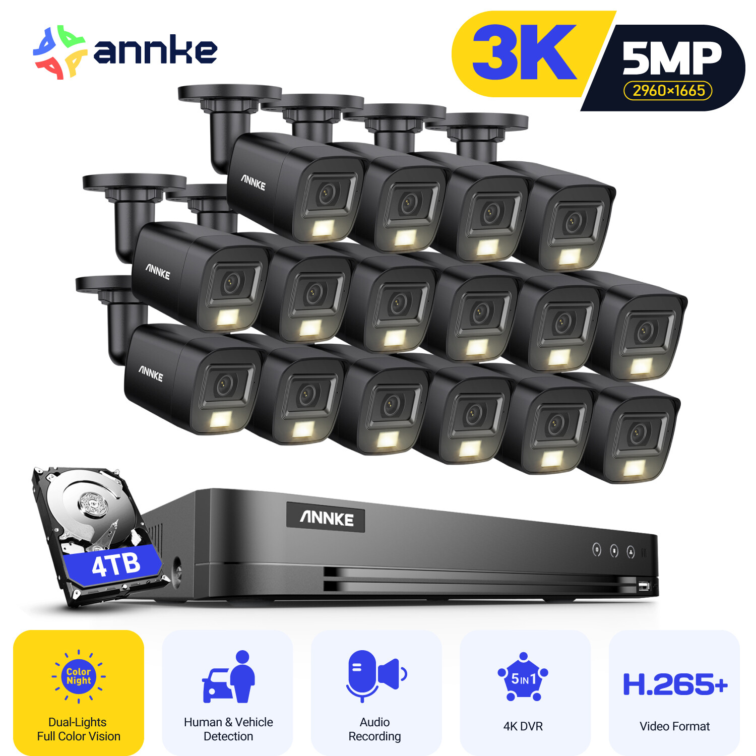 ANNKE 4K 16CH DVR HD 5MP Color Night Security Camera System Audio Recording IP67