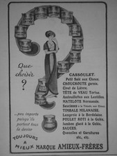 PUBLICITÉ PRESSE 1913 AMIEUX FRÈRES CASSOULET CHOUCROUTE PETIT SALÉ CIVET LIÈVRE