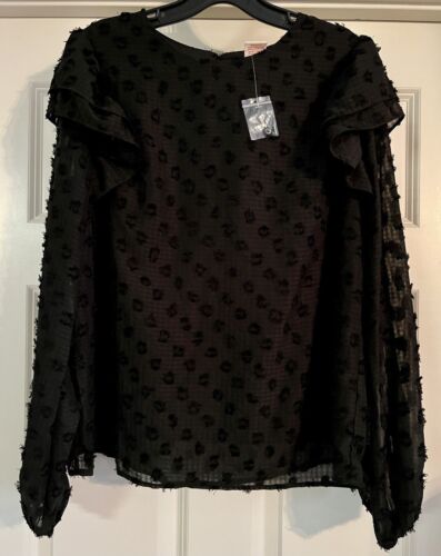 Flying Tomato Double Flutter Long Sleeve Size M Chiffon Grid With Swiss Dots