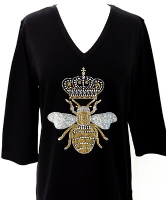 S M L XL Rhinestone Bling Short or 3/4 Sleeve Queen Bee Golden Crown Black Top
