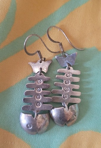 Vintage Mexico Sterling Sweet Fish Skeleton Earrings