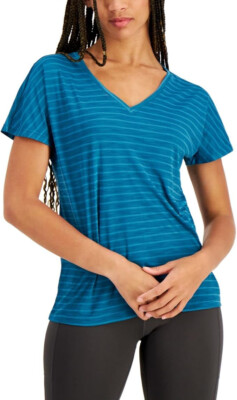 Ideology Shadow-Stripe T-Shirt-Color: Zen Teal-Size:XS