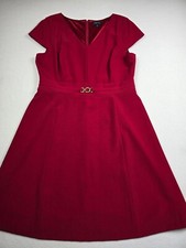 Tahari Arthur S Levine Red V-Neck Cap Sleeve Fit & Flare Dress Size 16