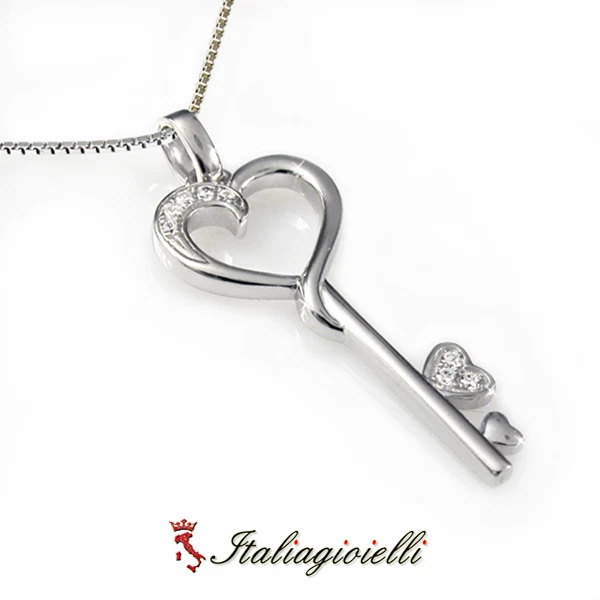 Collana Brillante Chiave del Cuore in Argento 925 Rodiato Oro Bianco - Immagine 3 di 4