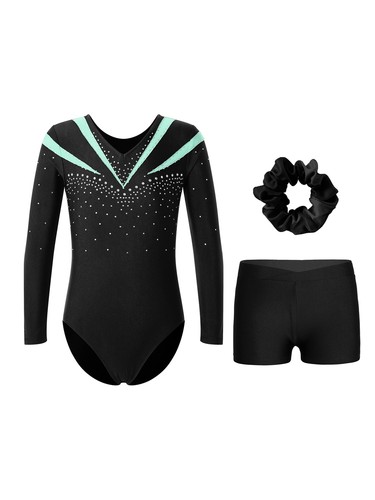 Kids Girls Leotard With Shorts Competition Bodysuit Long Sleeve Dance Outfit - Picture 34 of 57