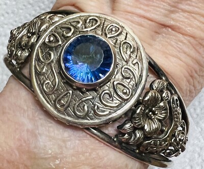 ブレスレット Blue Floral Stone Cuff Bracelet Beautiful Vtg 925 Sterling Silver Cuff Bracelet Blue Stone