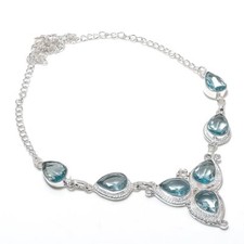 Aqua Aquamarin Edelstein Handarbeit 925 Sterlingsilber Schmuck Halskette Größ...