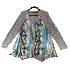 Citron Poeme Tunic Top Womens Sz L Mixed Media Asymmetrical Neutral Stretch USA