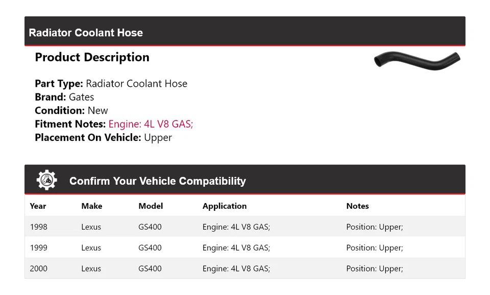 Manguera de refrigerante de radiador de gas para Lexus GS400 1998-2000 4L V8 puertas superiores 1999 Foto 2 de 4