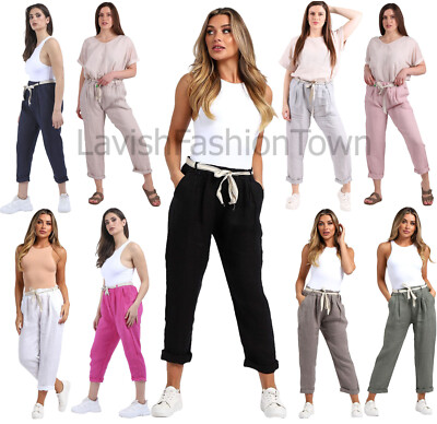 Damen schlichte Leinenhose Damen Sommer lässig Kordelzughose mit Seitentasche