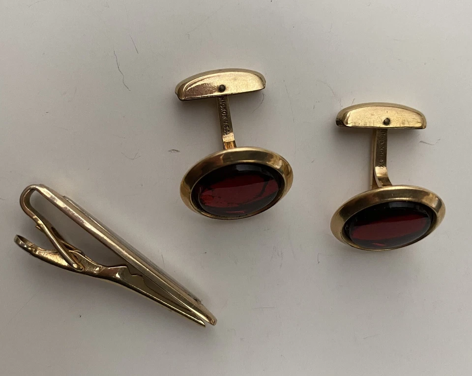 Vintage HICKOK Red Ruby 1/40 10K RGP Gold Cuff Links + SWANK Tie Clip - Image 4 of 4