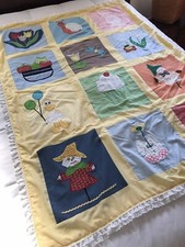 VTG Handmade Patchwork Baby Quilt Crib Yellow Applique Flower Cat Snail 45x60"