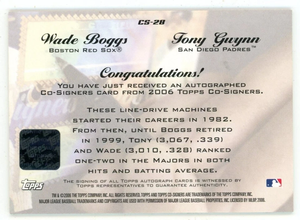 2006 Topps Co-Signers Tony Gwynn/Wade Boggs Dual Auto Signature Card SP /25 HOF - Image 2 of 2