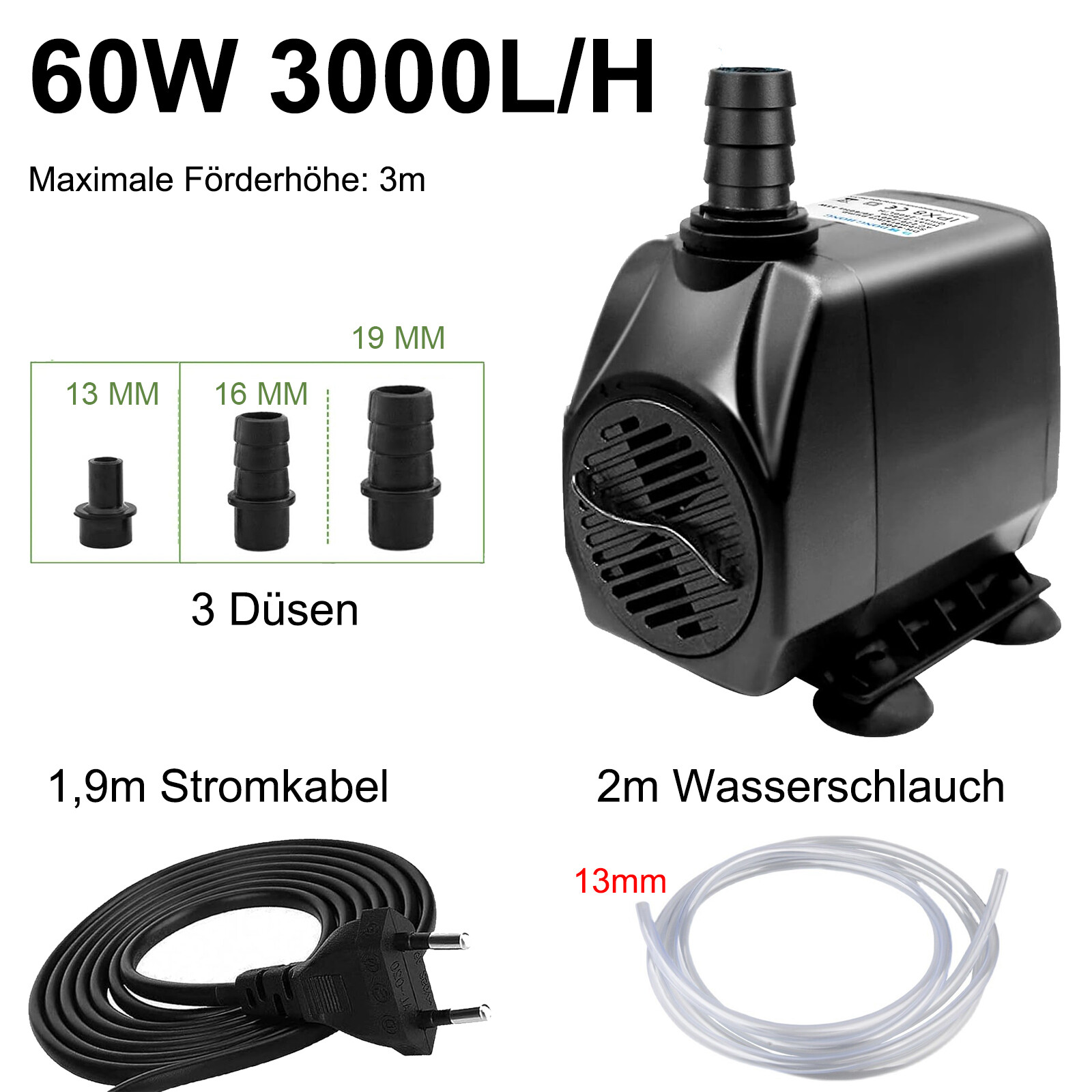Teichpumpe 600L/H 10W - Ultra Leise Tauchpumpe Mit 3m Kabel