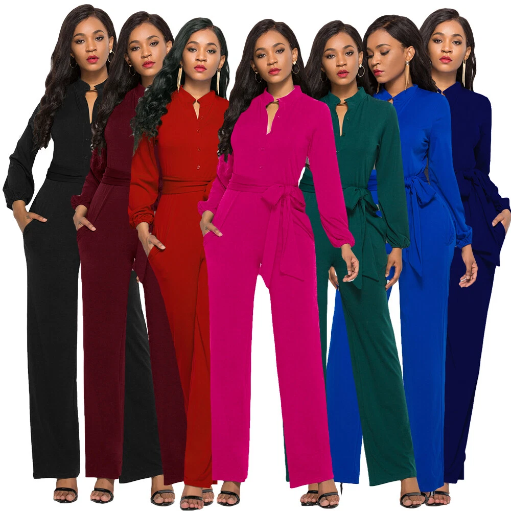 Women Long Sleeve Button Jumpsuit Wide Leg Long Pants Romper Belt Playsuit  Party