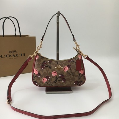 COACH CY694 Teri Shoulder Bag Signature Canvas Cherry Print Tan