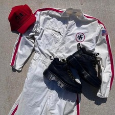 Vintage 60s Worth Company Biker Iron Cross American Flag Patches White Coveralls