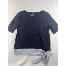 Talbots Tie-Waist Top - Striped Hem, Pima Cotton Blend, Navy Blue - Size M