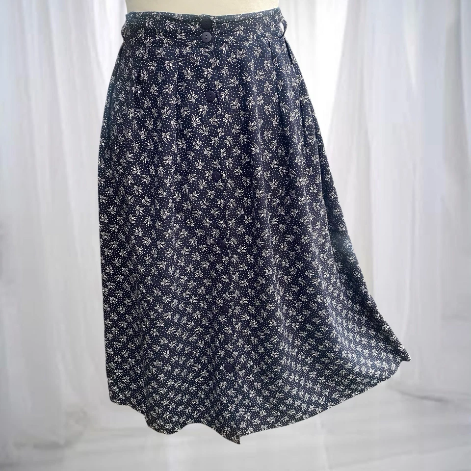 Vintage Navy White Floral Cottagecore Flared Midi Skirt Size 18 - Image 2 of 2
