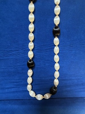 VTG Black & White Silk Thread Covered Beads W Gold Tone Separator Beads 14  &