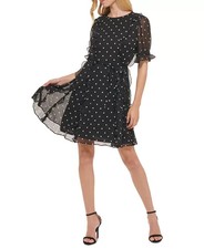 Tommy Hilfiger Chiffon Short-Sleeve Fit & Flare Dress Women's 16 Black/White