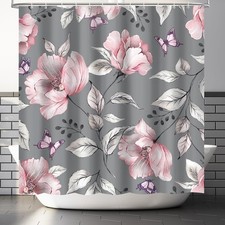 Grey Pink Modern Floral Plant Fabric Shower Curtain With Hooks 72x72 Inch