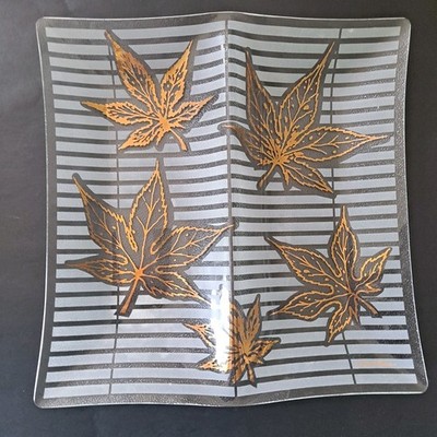 MCM Fred Press Gold Leaves Frosted Striped Glass Serving Plate Dish 